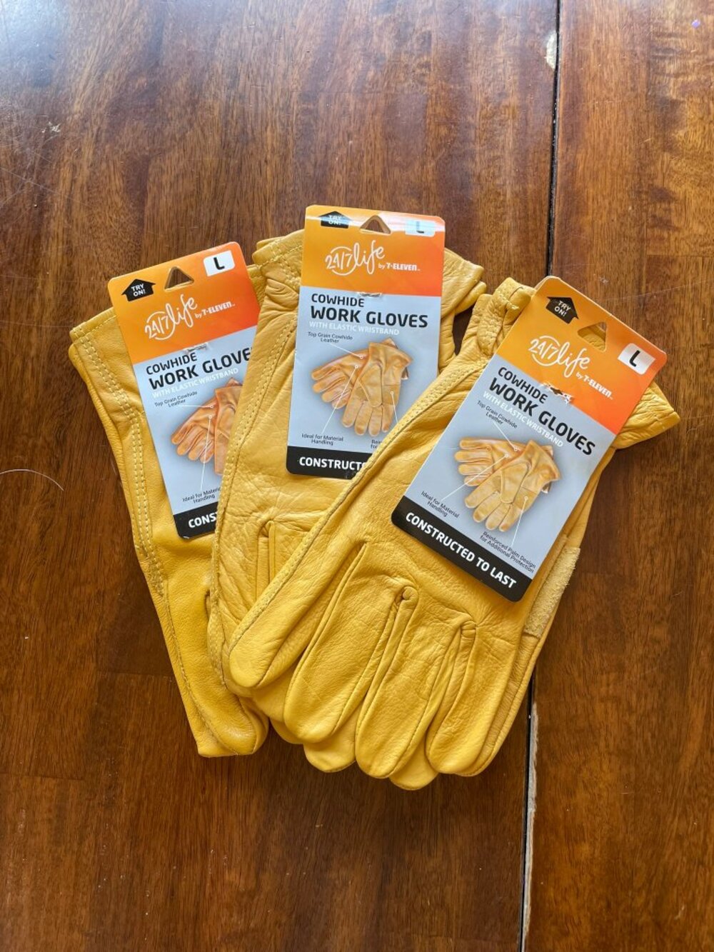 24/7 Life by 7-Eleven Cowhide Leather Work Gloves Size L NWT Lot of 3 Pairs
